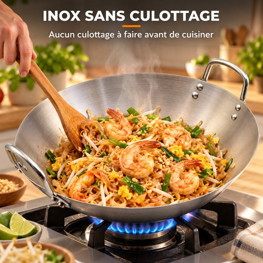 Le Tate Wok de 36 cm, INOX SANS CULOTTAGE : Aucun culottage à faire avant de cuisiner