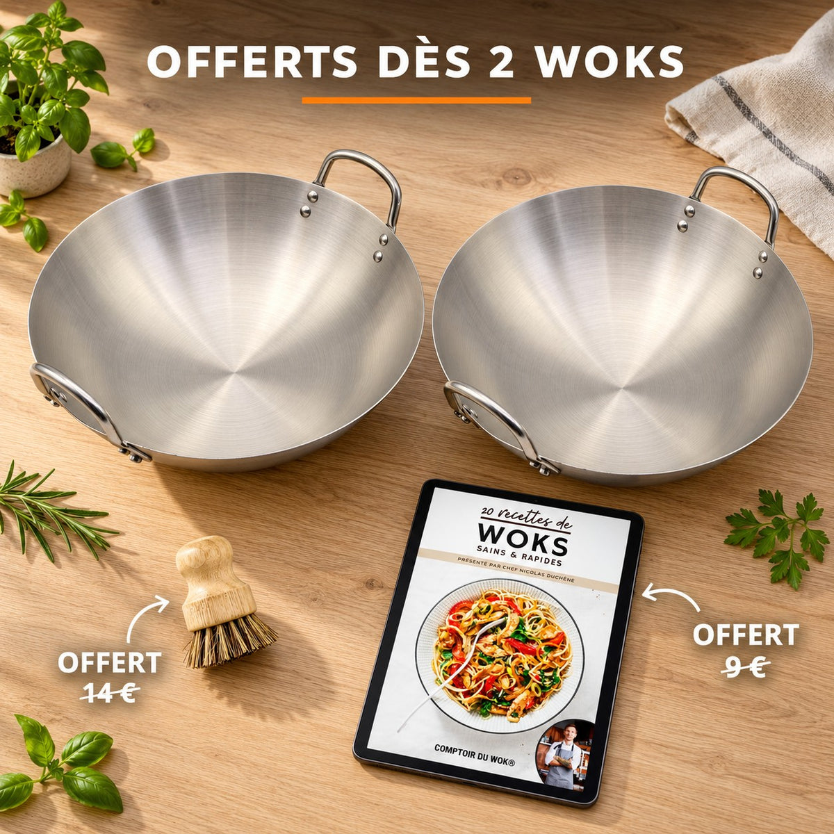 Le Tate Wok de 36 cm, OFFERTS DÈS 2 WOKS · OFFERT · 14 € · OFFERT · 9 €