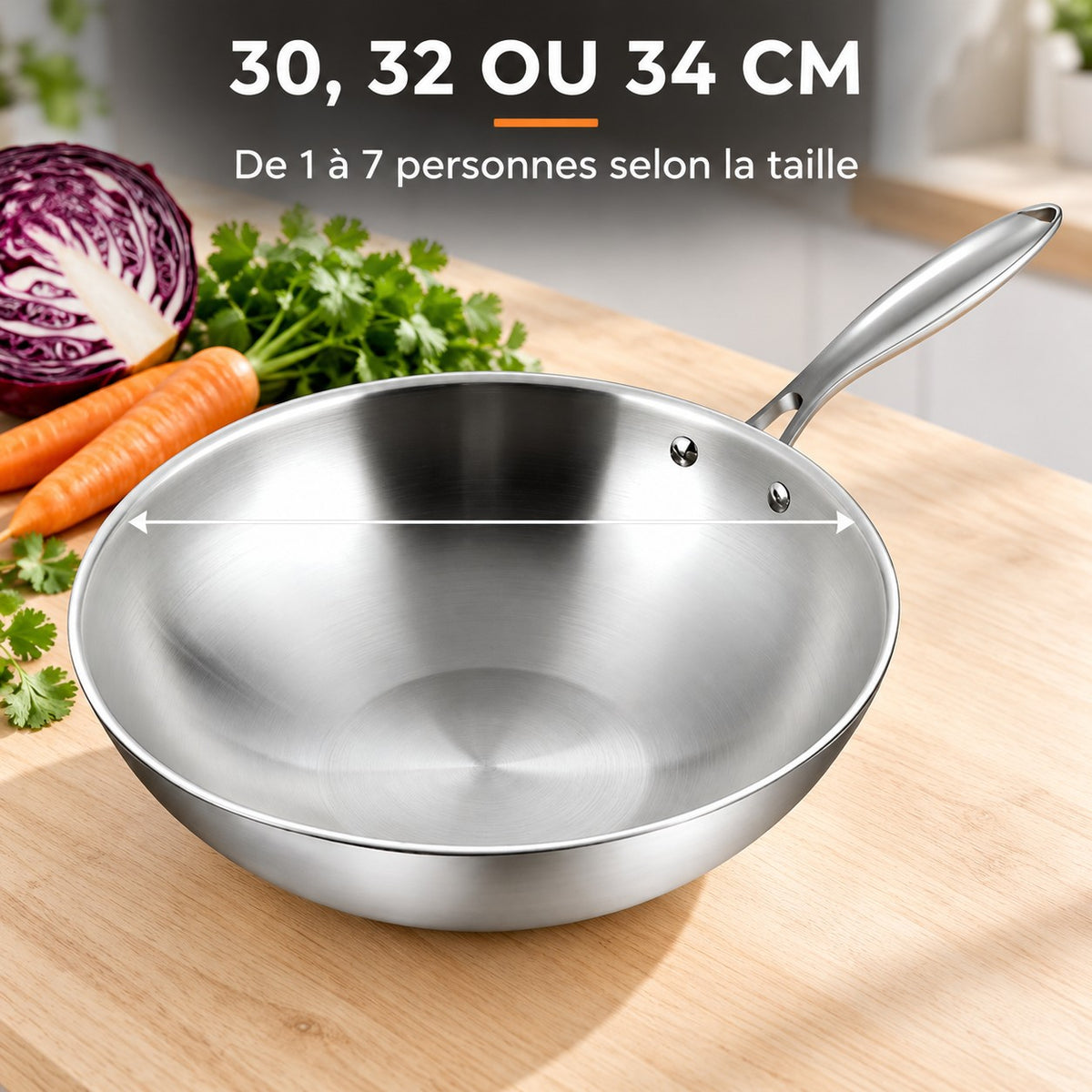 Wok acier, 30, 32 OU 34 CM : De 1 à 7 personnes selon la taille