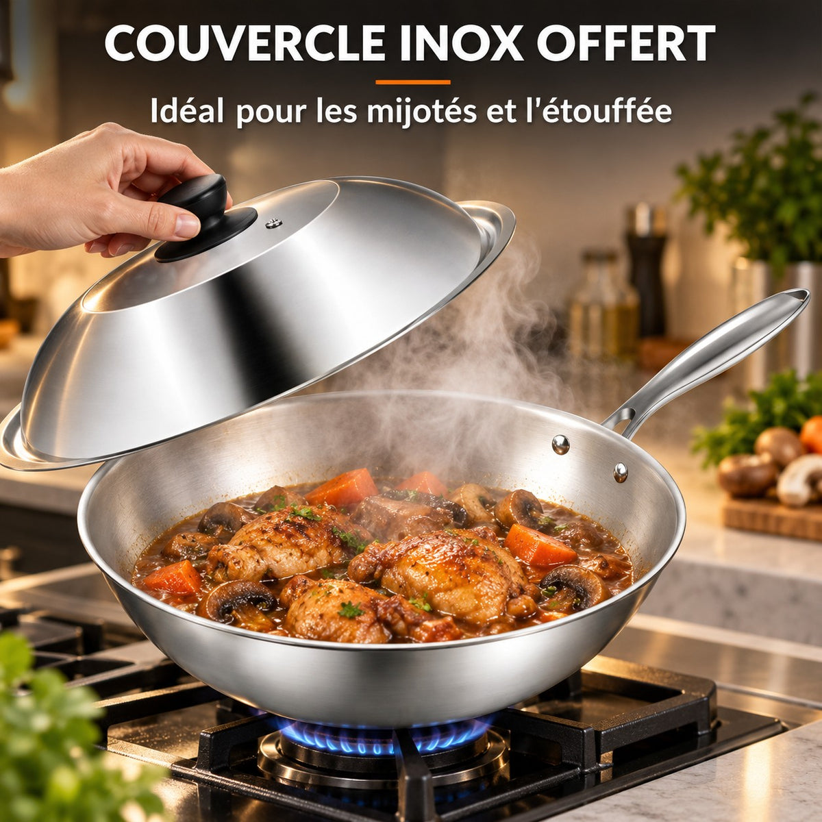Wok acier, COUVERCLE INOX OFFERT : Idéal pour les mijotés et l'étouffée