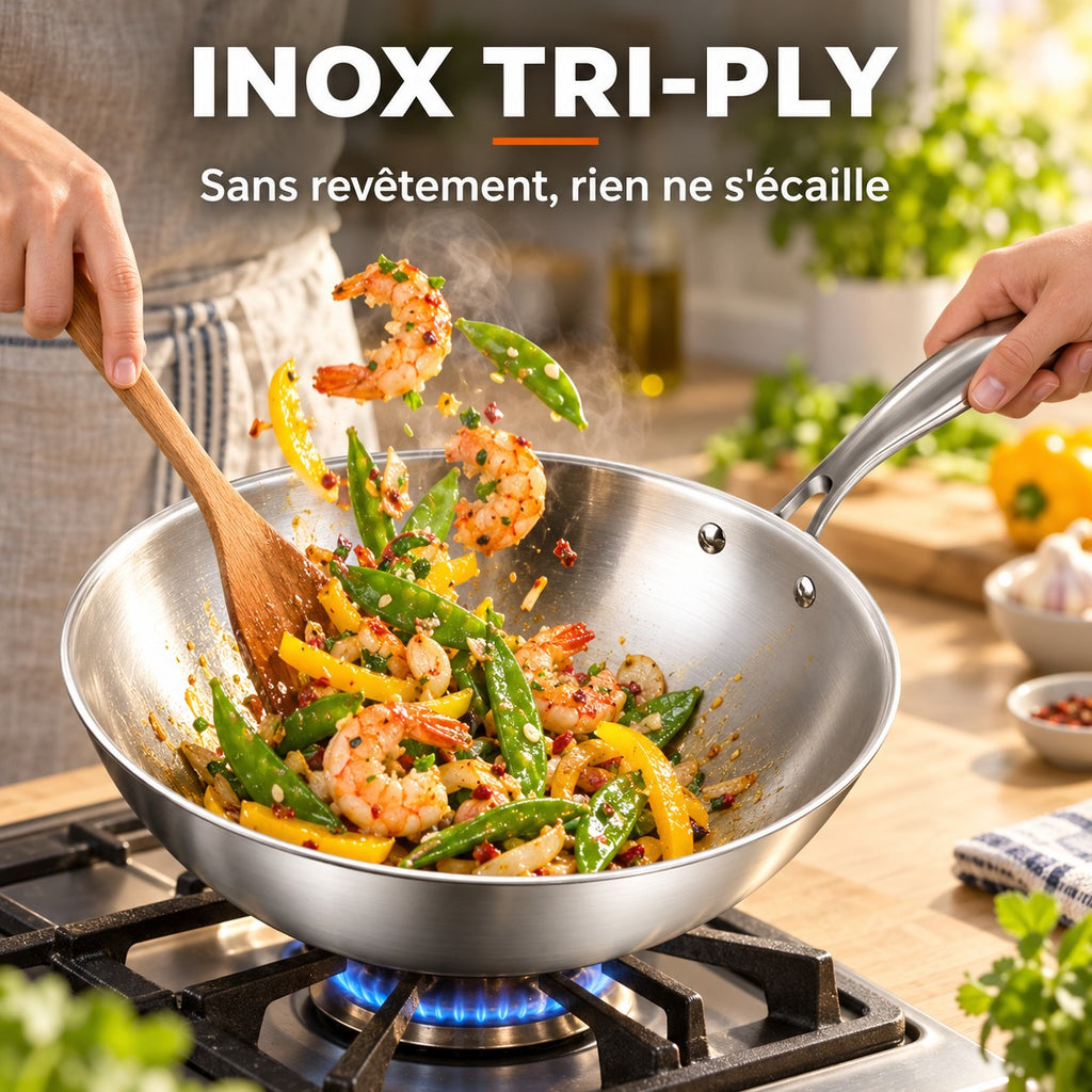 Wok acier, INOX TRI-PLY : Sans revêtement, rien ne s'écaille