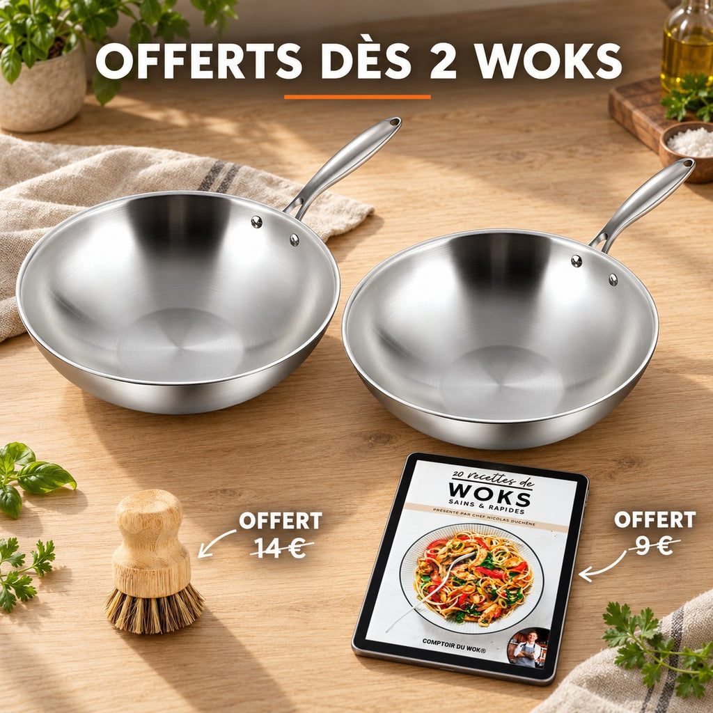 Wok acier, OFFERTS DÈS 2 WOKS · OFFERT · 14 € · OFFERT · 9 €