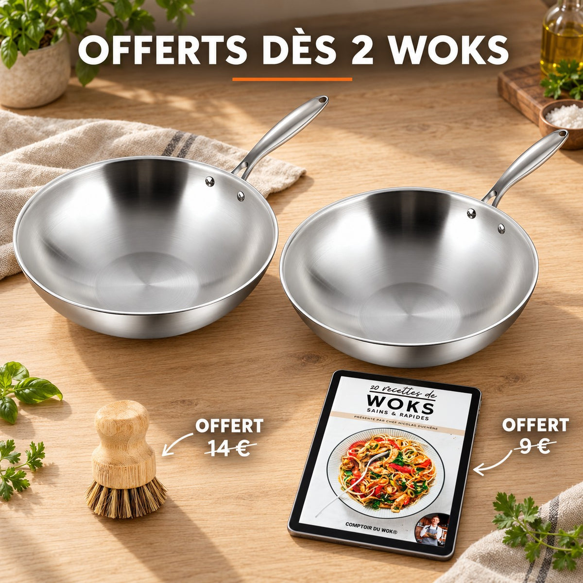Wok acier, OFFERTS DÈS 2 WOKS · OFFERT · 14 € · OFFERT · 9 €
