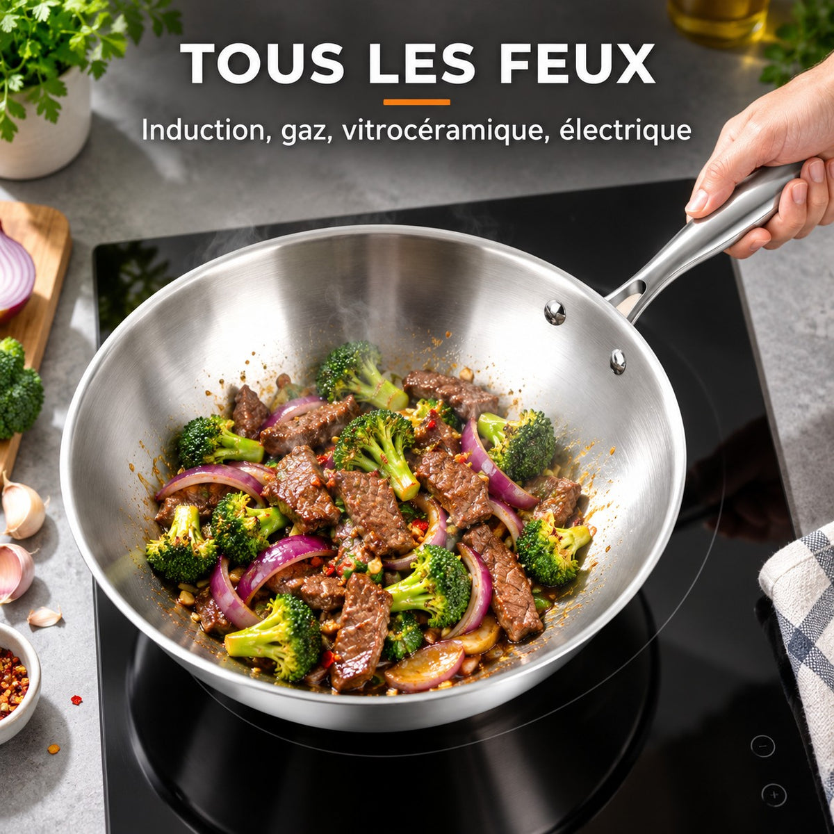 Wok acier, TOUS LES FEUX : Induction, gaz, vitrocéramique, électrique