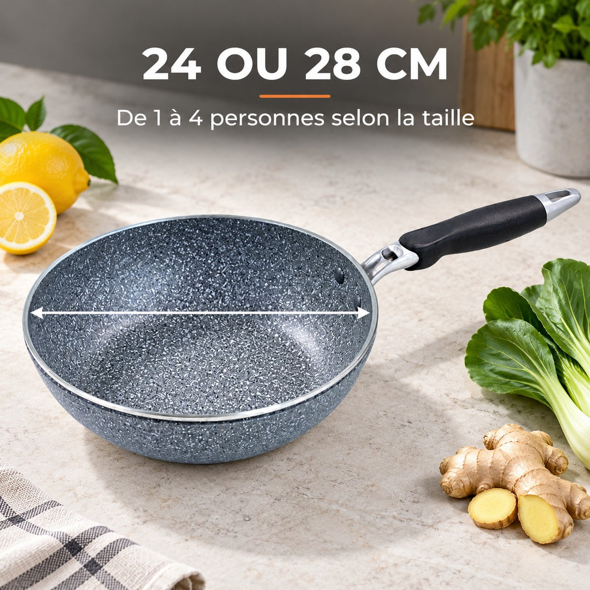 Le Hayachine Wok Antiadhésif, 24 OU 28 CM : De 1 à 4 personnes selon la taille