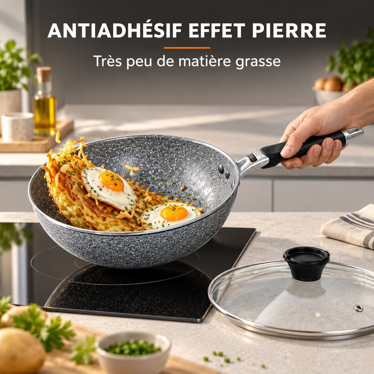 Le Hayachine Wok Antiadhésif, ANTIADHÉSIF EFFET PIERRE : Très peu de matière grasse