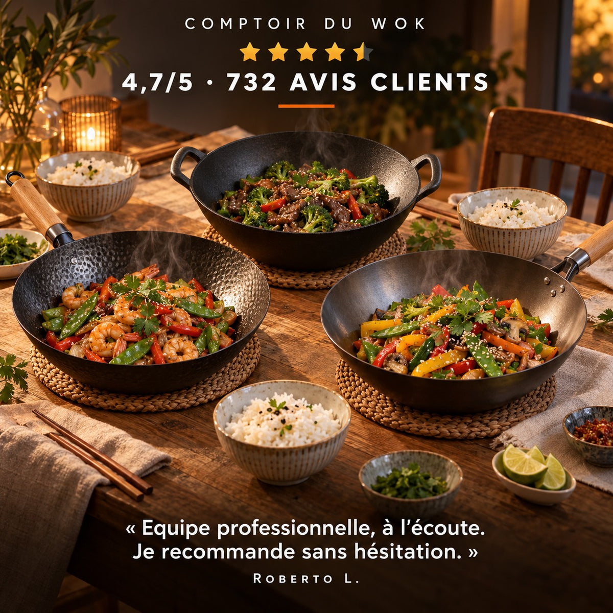 Le Hayachine Wok Antiadhésif, COMPTOIR DU WOK · 4,7/5 · 732 AVIS CLIENTS · « Equipe professionnelle, à l'écoute. Je recommande sans hésitation. » · Roberto L.