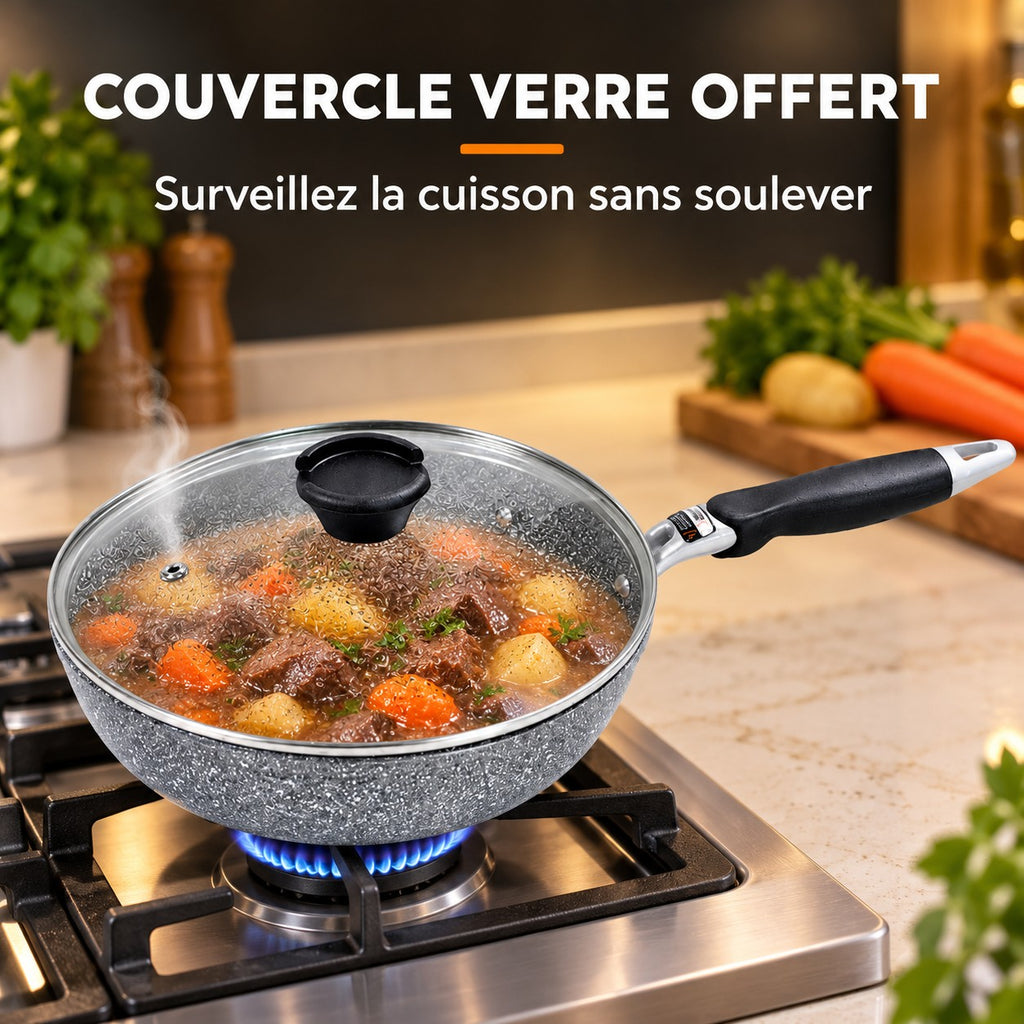 Le Hayachine Wok Antiadhésif, COUVERCLE VERRE OFFERT : Surveillez la cuisson sans soulever