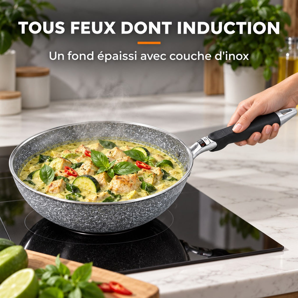 Le Hayachine Wok Antiadhésif, TOUS FEUX DONT INDUCTION : Un fond épaissi avec couche d'inox
