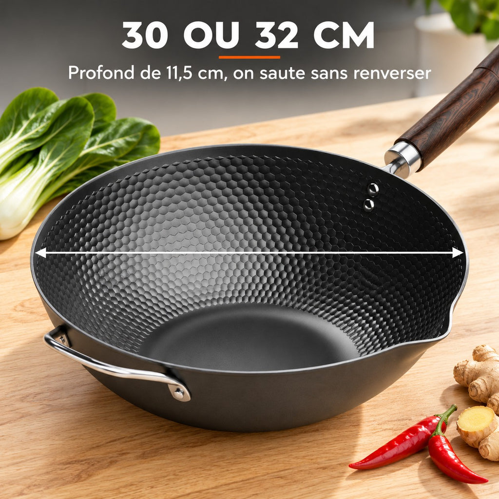 Wok antiadhésif sans PFOA, 30 OU 32 CM : Profond de 11,5 cm, on saute sans renverser