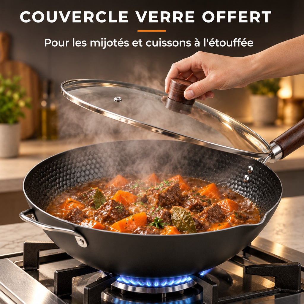 Wok antiadhésif sans PFOA, COUVERCLE VERRE OFFERT : Pour les mijotés et cuissons à l'étouffée