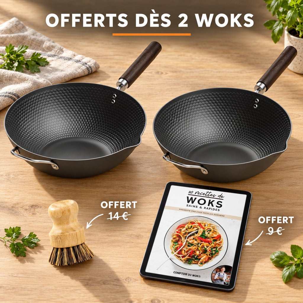 Wok antiadhésif sans PFOA, OFFERTS DÈS 2 WOKS · OFFERT · 14 € · OFFERT · 9 €