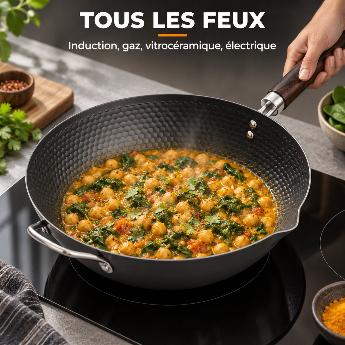 Wok antiadhésif sans PFOA, TOUS LES FEUX : Induction, gaz, vitrocéramique, électrique
