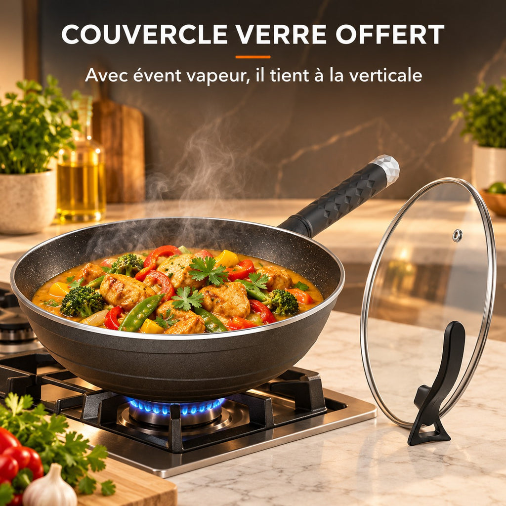 Wok antiadhésive résistante, COUVERCLE VERRE OFFERT : Avec évent vapeur, il tient à la verticale