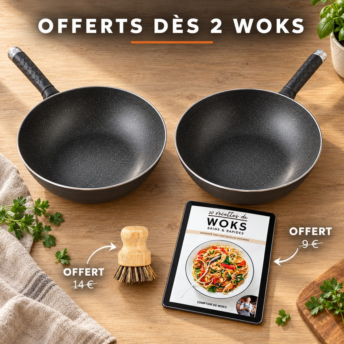Wok antiadhésive résistante, OFFERTS DÈS 2 WOKS · OFFERT · 14 € · OFFERT · 9 €