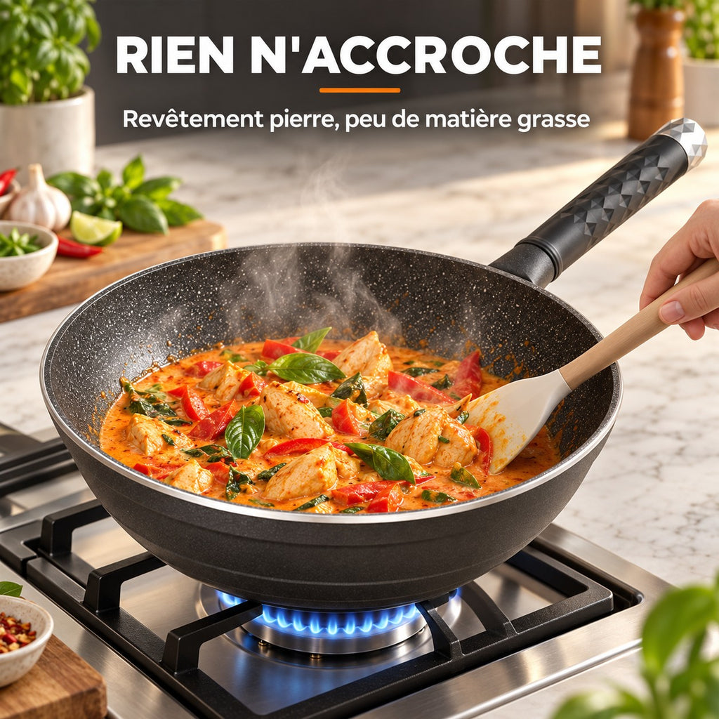 Wok antiadhésive résistante, RIEN N'ACCROCHE : Revêtement pierre, peu de matière grasse