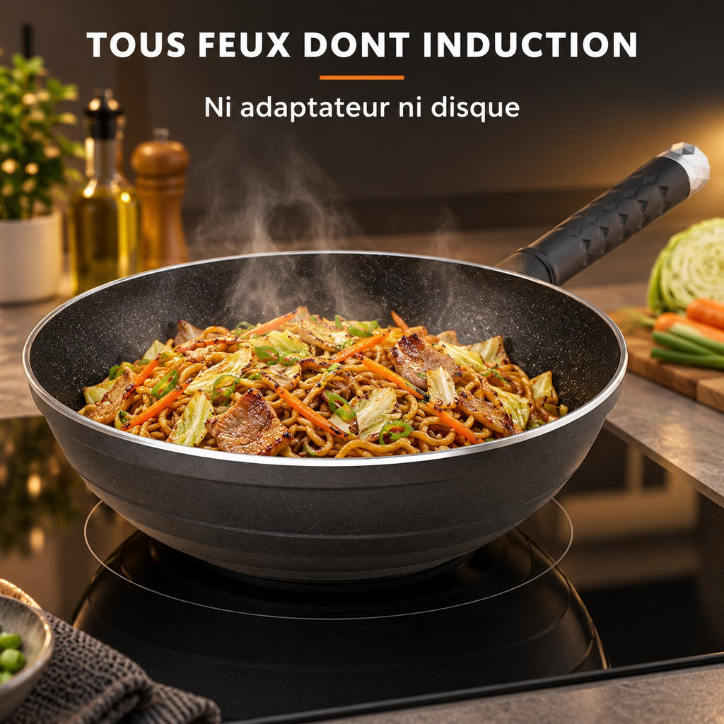 Wok antiadhésive résistante, TOUS FEUX DONT INDUCTION : Ni adaptateur ni disque