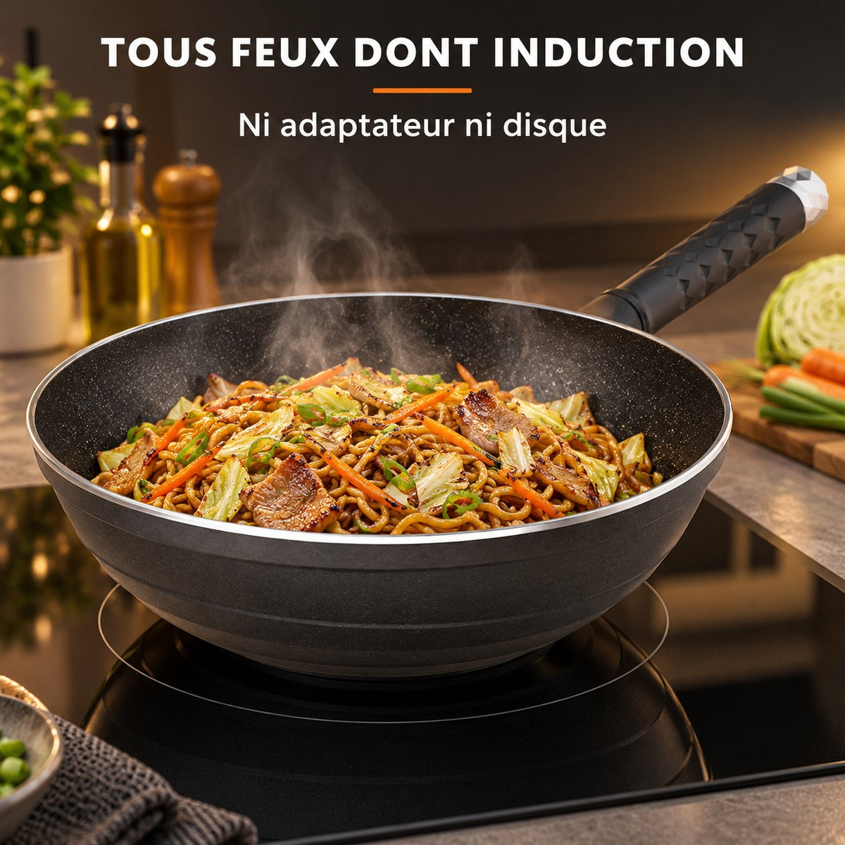 Wok antiadhésive résistante, TOUS FEUX DONT INDUCTION : Ni adaptateur ni disque