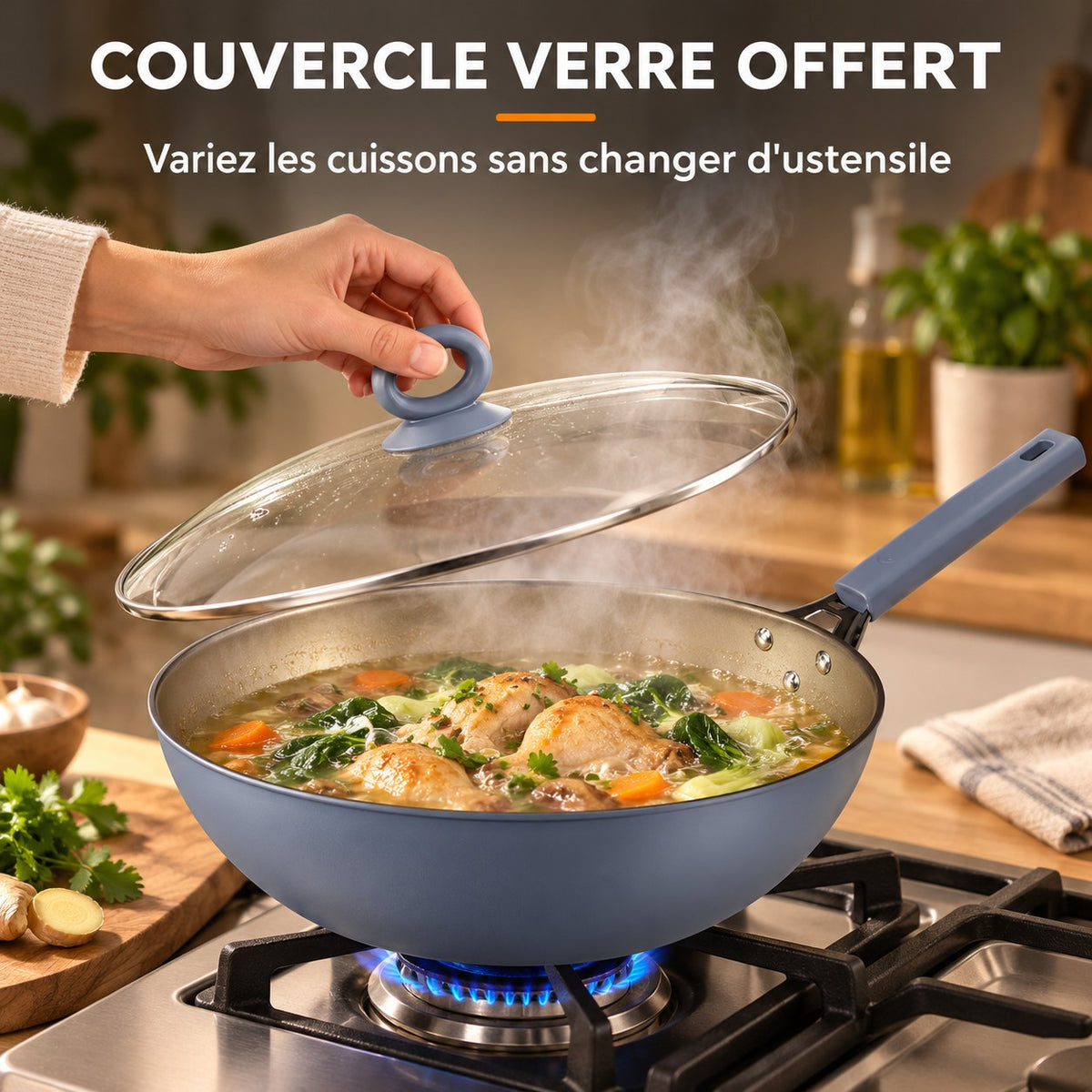 Wok avec couvercle, COUVERCLE VERRE OFFERT : Variez les cuissons sans changer d'ustensile