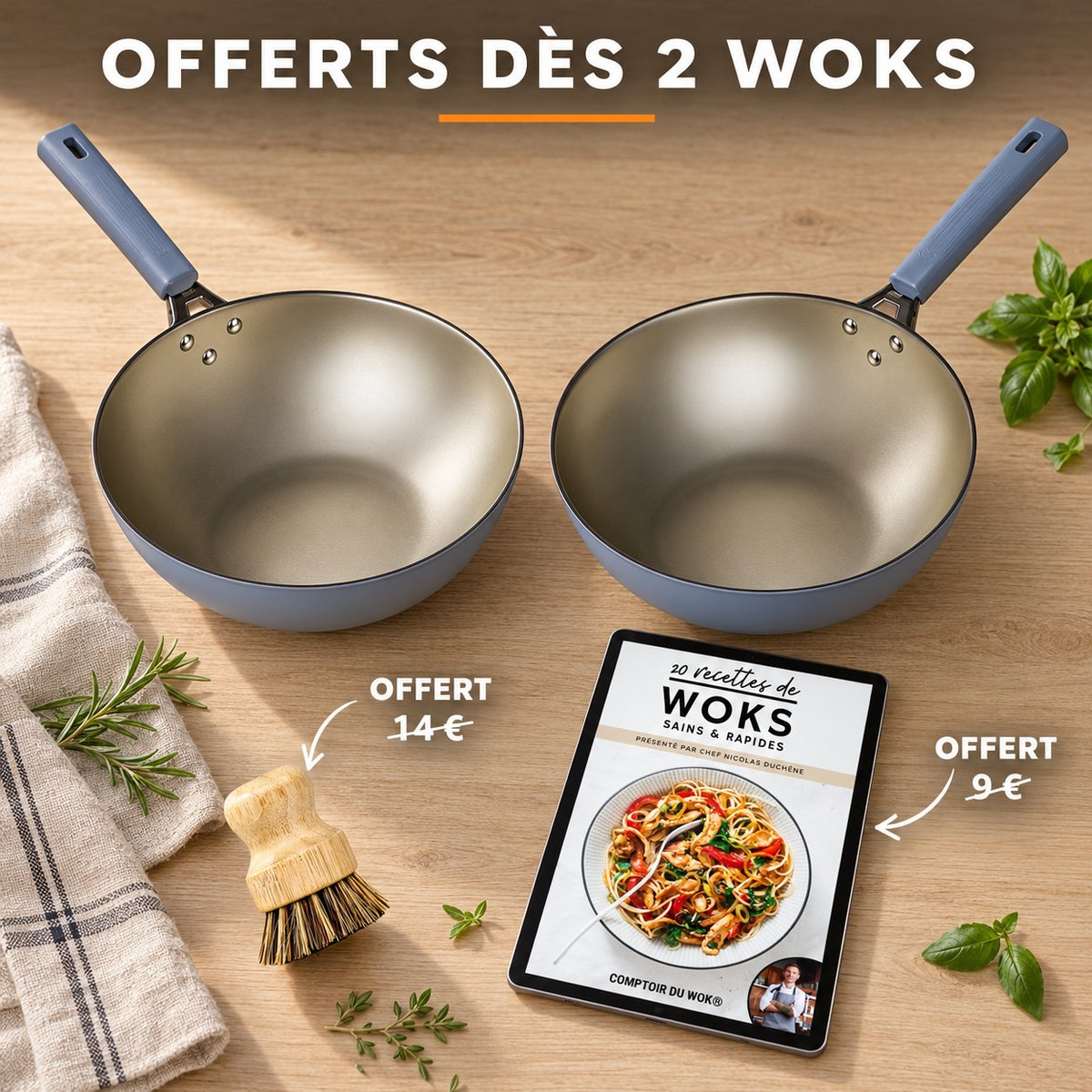 Wok avec couvercle, OFFERTS DÈS 2 WOKS · OFFERT · 14 € · OFFERT · 9 €