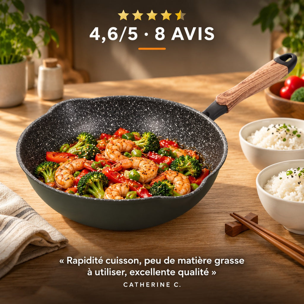 Le Tsurugi Wok Anti-adhèsif, 4,6/5 · 8 AVIS · « Rapidité cuisson, peu de matière grasse à utiliser, excellente qualité » · Catherine C.