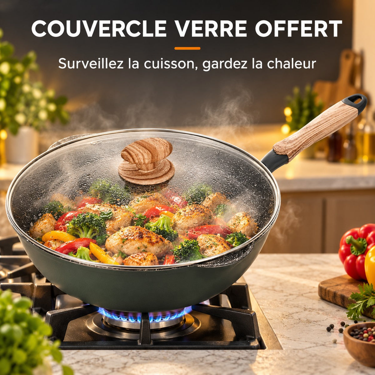 Le Tsurugi Wok Anti-adhèsif, COUVERCLE VERRE OFFERT : Surveillez la cuisson, gardez la chaleur