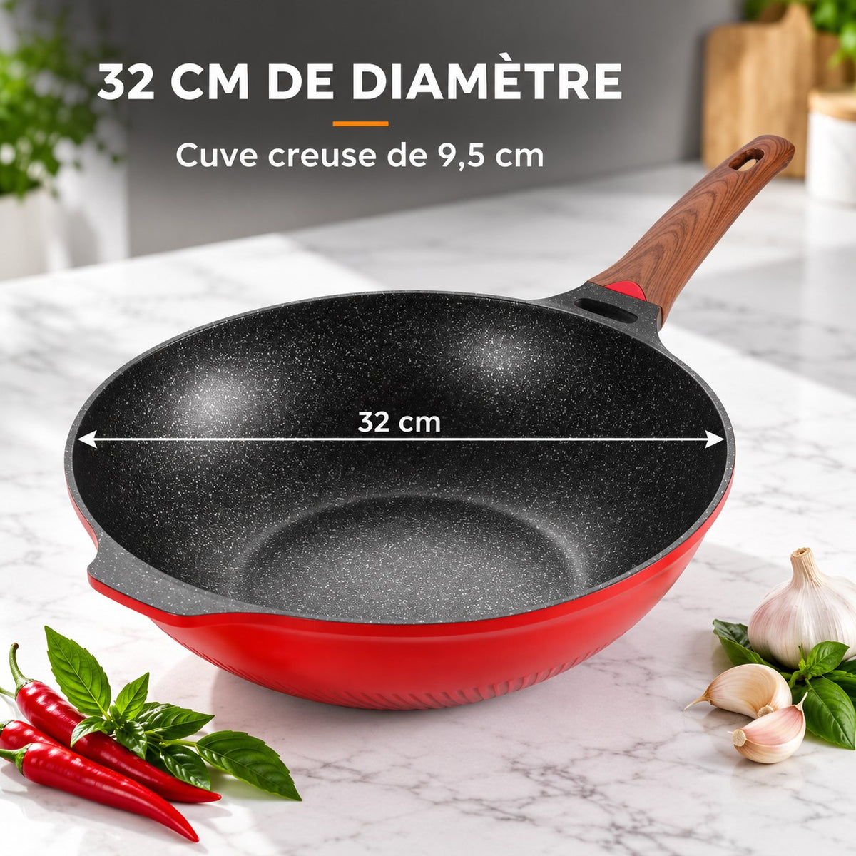 Wok design rouge avec couvercle, 32 CM DE DIAMÈTRE : Cuve creuse de 9,5 cm
