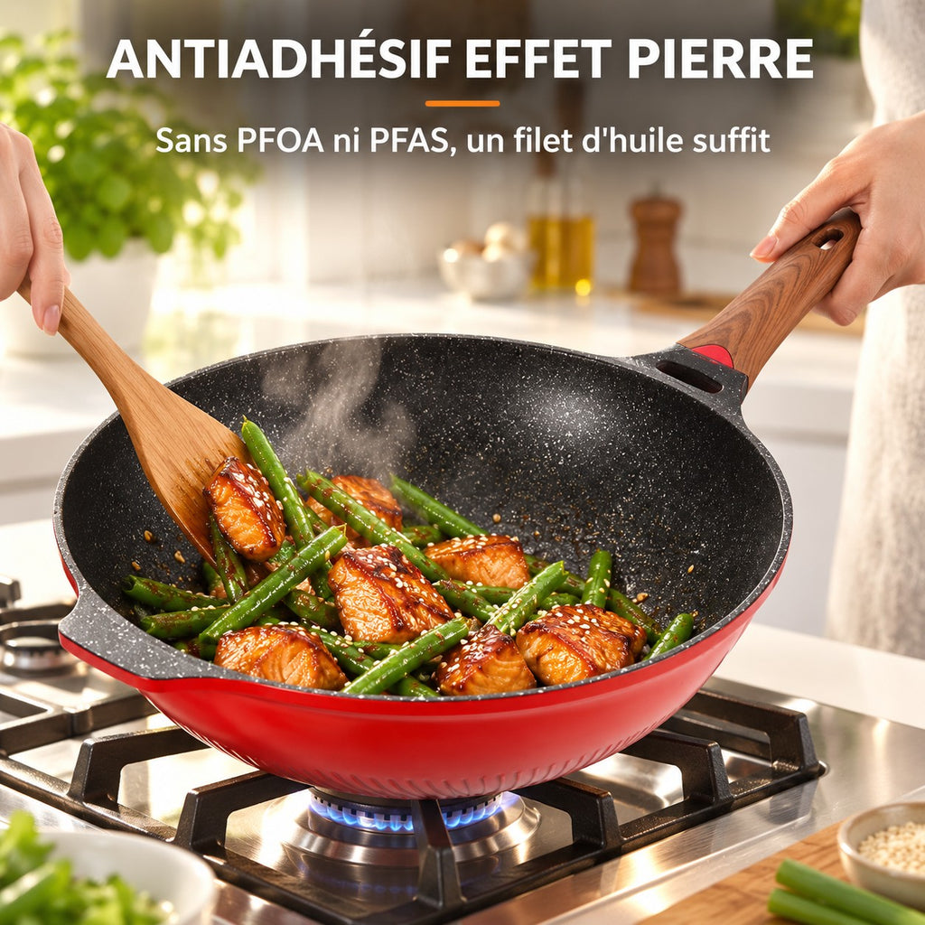 Wok design rouge avec couvercle, ANTIADHÉSIF EFFET PIERRE : Sans PFOA ni PFAS, un filet d'huile suffit