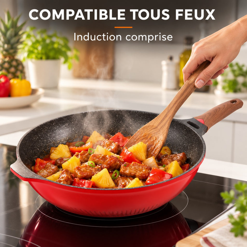 Wok design rouge avec couvercle, COMPATIBLE TOUS FEUX : Induction comprise