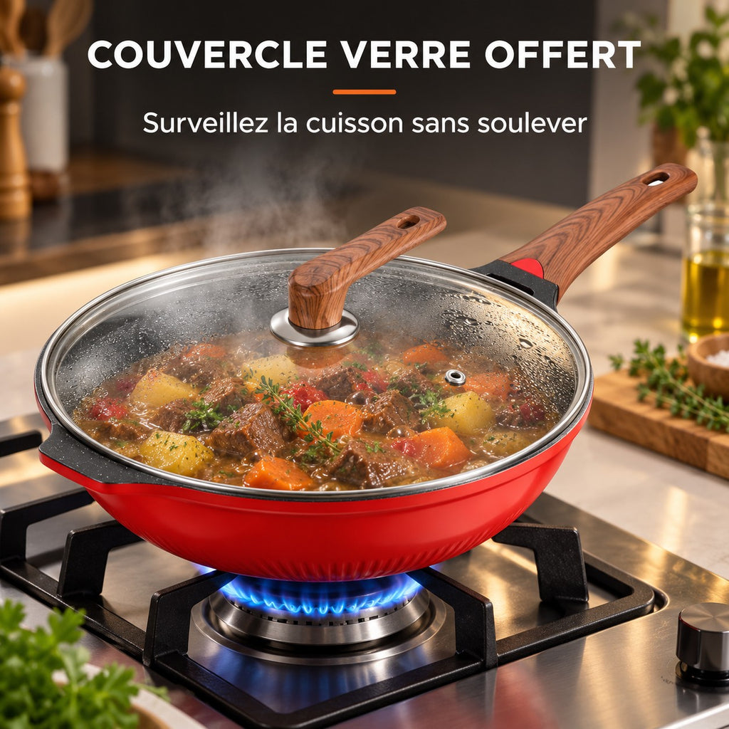 Wok design rouge avec couvercle, COUVERCLE VERRE OFFERT : Surveillez la cuisson sans soulever