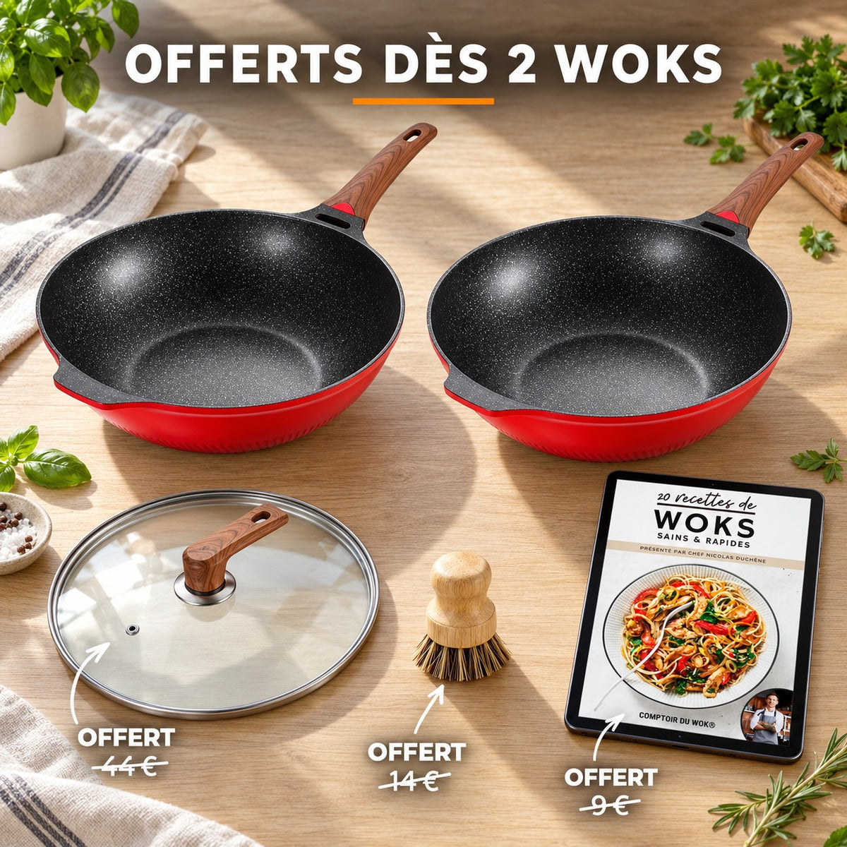 Wok design rouge avec couvercle, OFFERTS DÈS 2 WOKS · OFFERT · 44 € · OFFERT · 14 € · OFFERT · 9 €