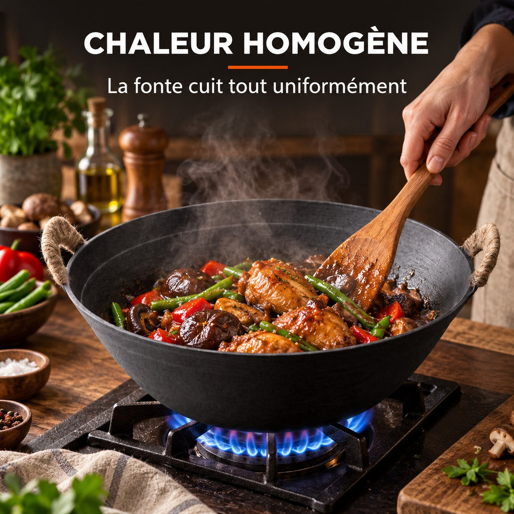 Le Ontake Wok en Fonte, CHALEUR HOMOGÈNE : La fonte cuit tout uniformément