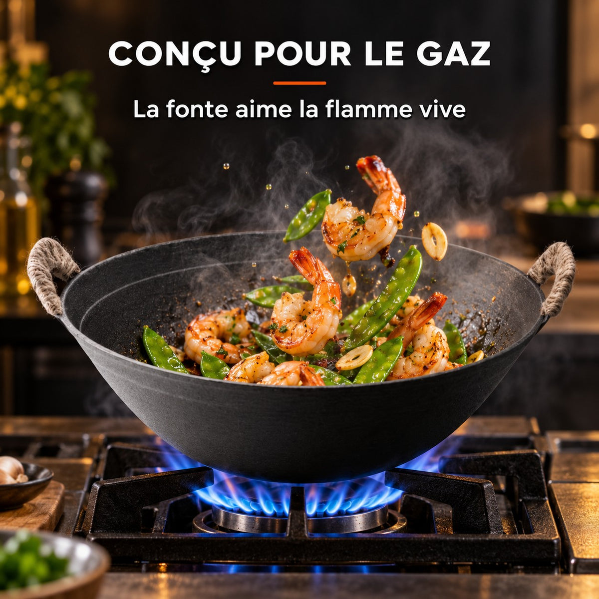 Le Ontake Wok en Fonte, CONÇU POUR LE GAZ : La fonte aime la flamme vive
