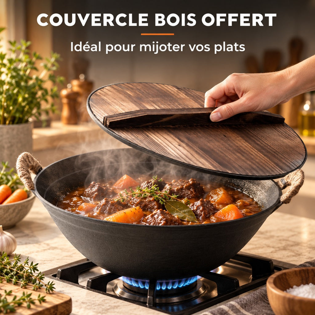 Le Ontake Wok en Fonte, COUVERCLE BOIS OFFERT : Idéal pour mijoter vos plats