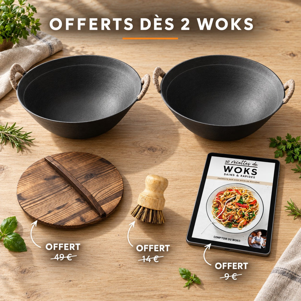 Le Ontake Wok en Fonte, OFFERTS DÈS 2 WOKS · OFFERT · 49 € · OFFERT · 14 € · OFFERT · 9 €