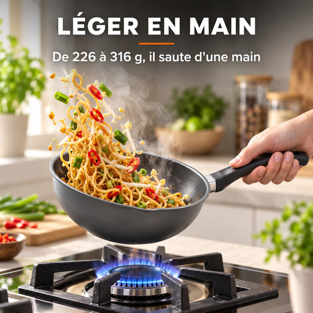 Wok individuel aluminium moulé, LÉGER EN MAIN : De 226 à 316 g, il saute d'une main