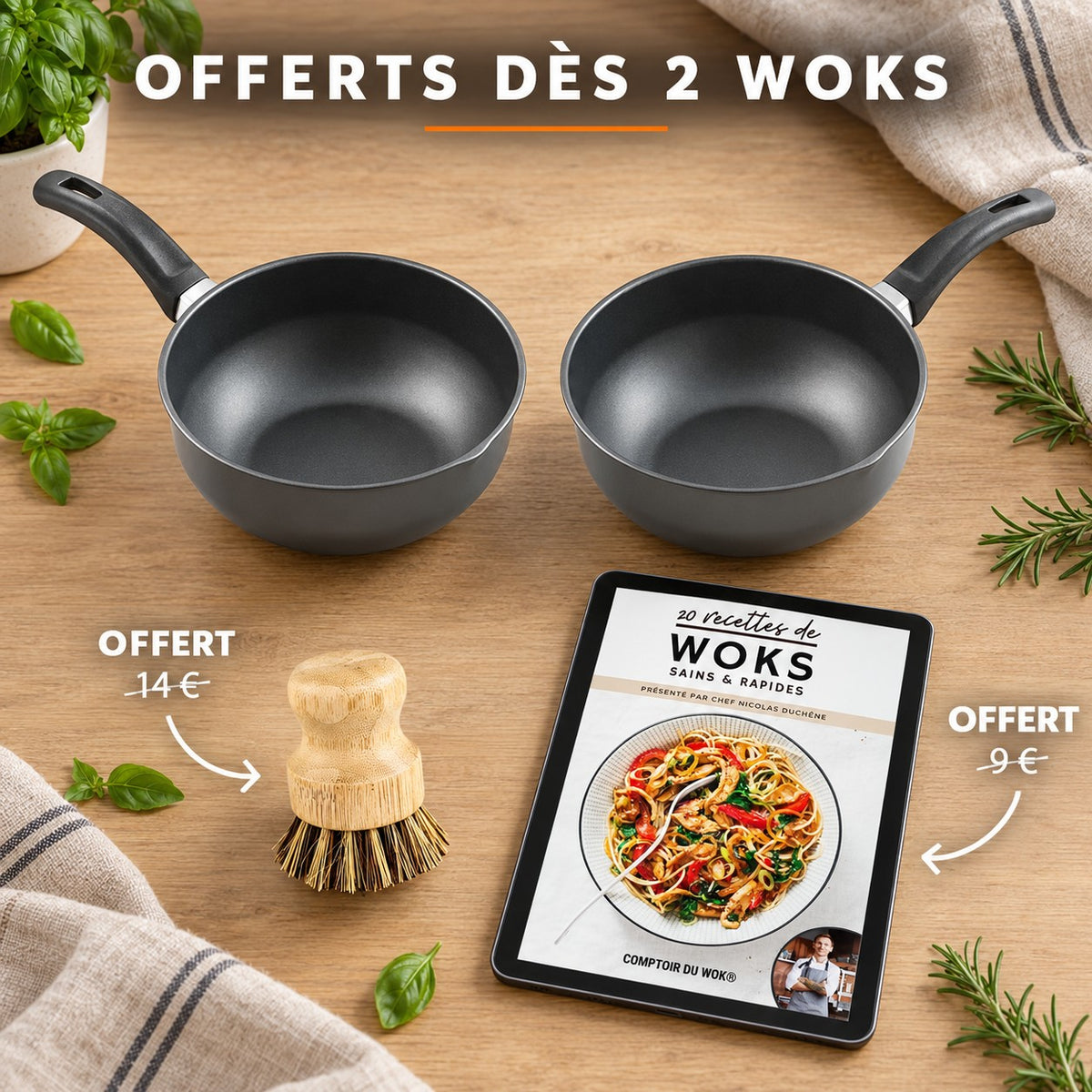 Wok individuel aluminium moulé, OFFERTS DÈS 2 WOKS · OFFERT · 14 € · OFFERT · 9 €