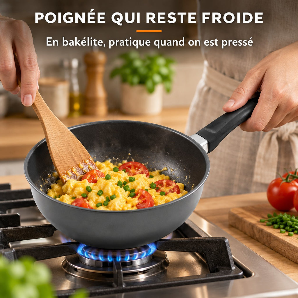Wok individuel aluminium moulé, POIGNÉE QUI RESTE FROIDE : En bakélite, pratique quand on est pressé