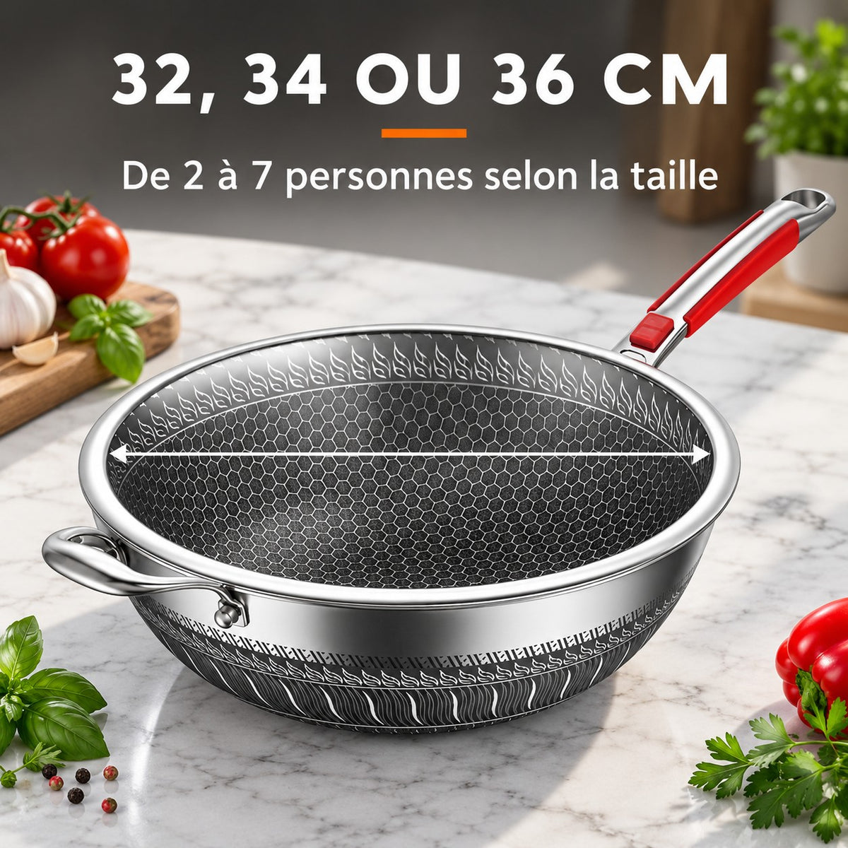 Wok Inox 410 Antiadhésif, 32, 34 OU 36 CM : De 2 à 7 personnes selon la taille