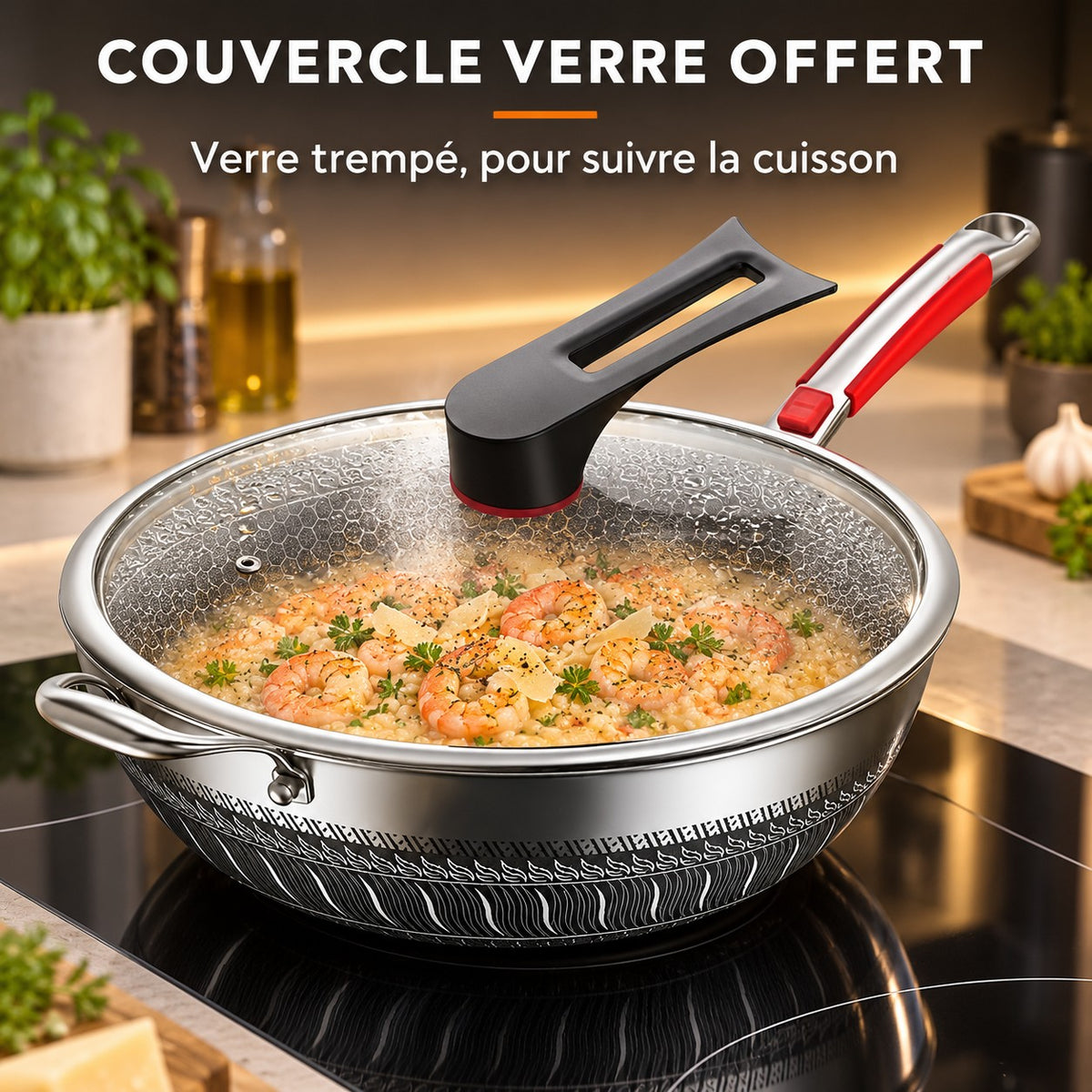Wok Inox 410 Antiadhésif, COUVERCLE VERRE OFFERT : Verre trempé, pour suivre la cuisson