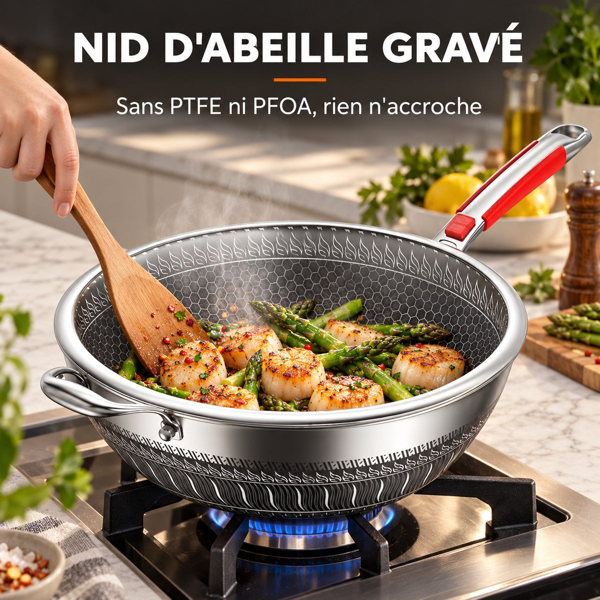 Wok Inox 410 Antiadhésif, NID D'ABEILLE GRAVÉ : Sans PTFE ni PFOA, rien n'accroche