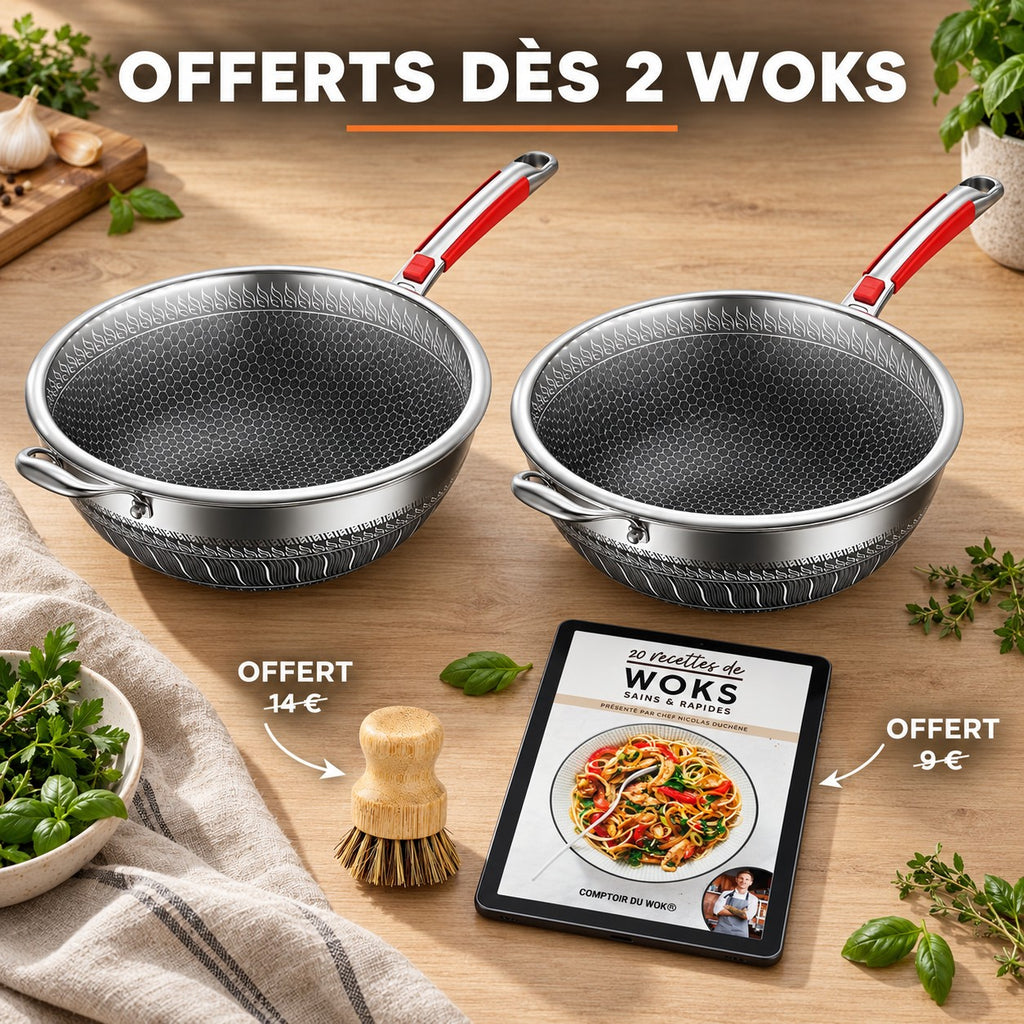 Wok Inox 410 Antiadhésif, OFFERTS DÈS 2 WOKS · OFFERT · 14 € · OFFERT · 9 €