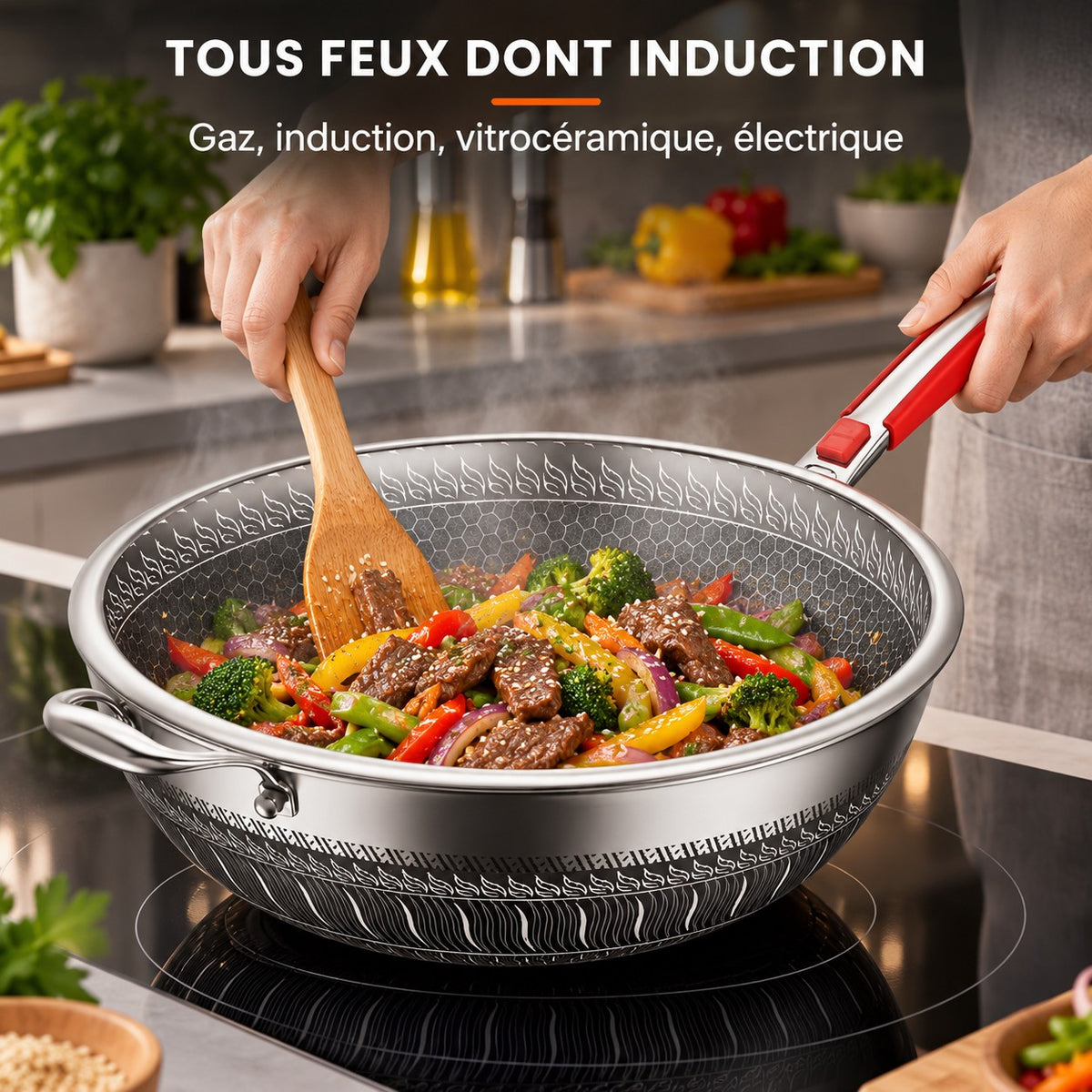 Wok Inox 410 Antiadhésif, TOUS FEUX DONT INDUCTION : Gaz, induction, vitrocéramique, électrique