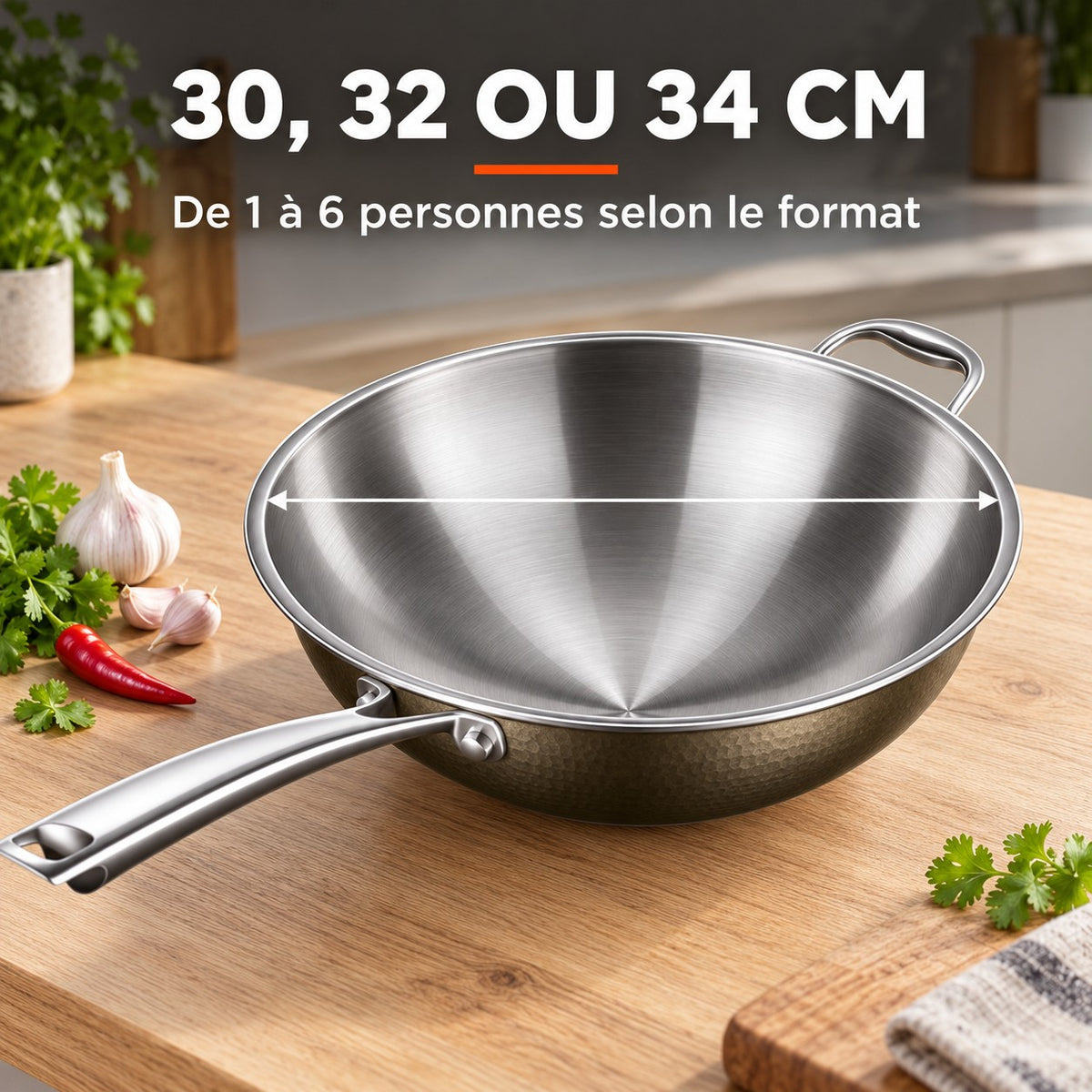 Wok inox haut de gamme, 30, 32 OU 34 CM : De 1 à 6 personnes selon le format