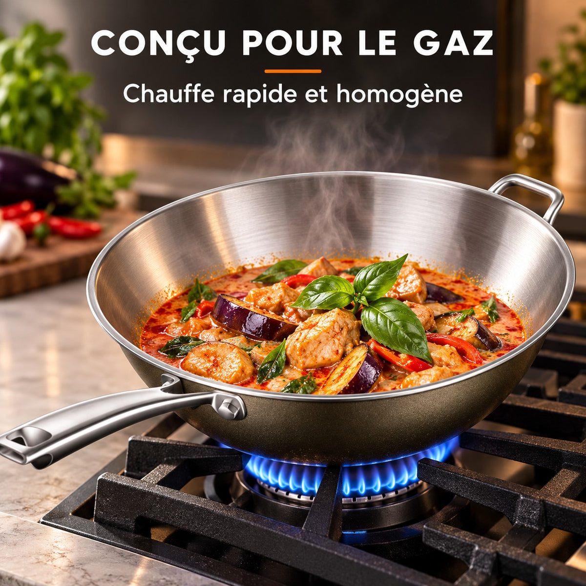 Wok inox haut de gamme, CONÇU POUR LE GAZ : Chauffe rapide et homogène