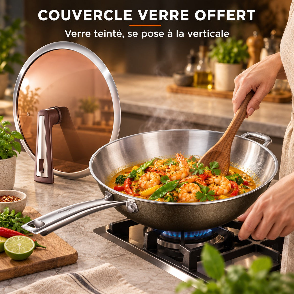 Wok inox haut de gamme, COUVERCLE VERRE OFFERT : Verre teinté, se pose à la verticale