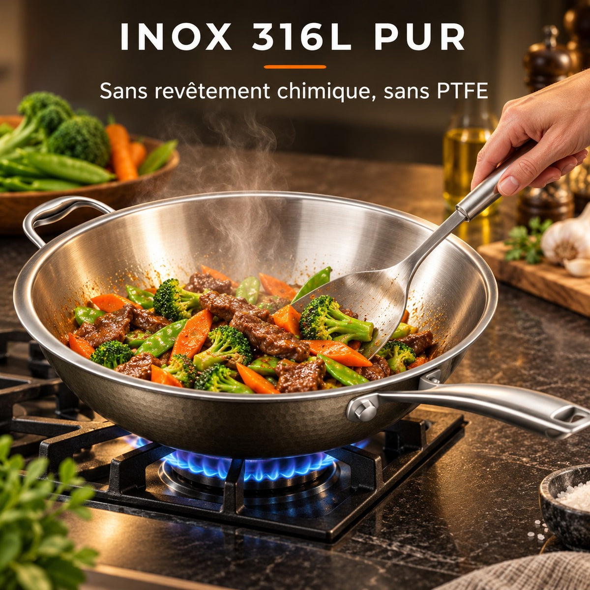 Wok inox haut de gamme, INOX 316L PUR : Sans revêtement chimique, sans PTFE