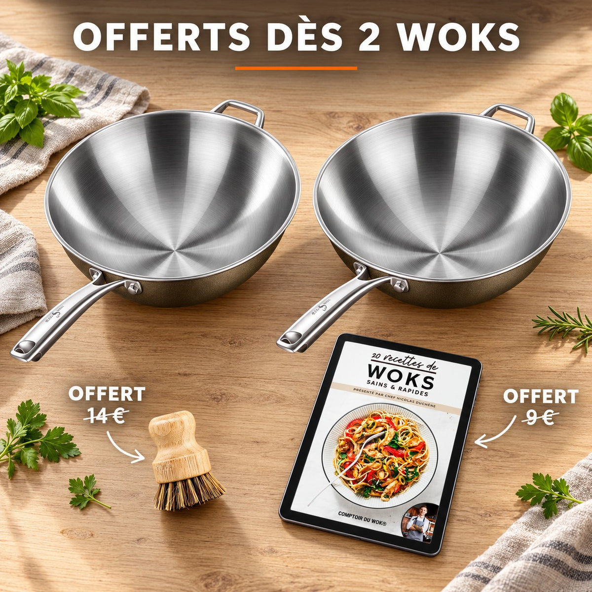 Wok inox haut de gamme, OFFERTS DÈS 2 WOKS · OFFERT · 14 € · OFFERT · 9 €