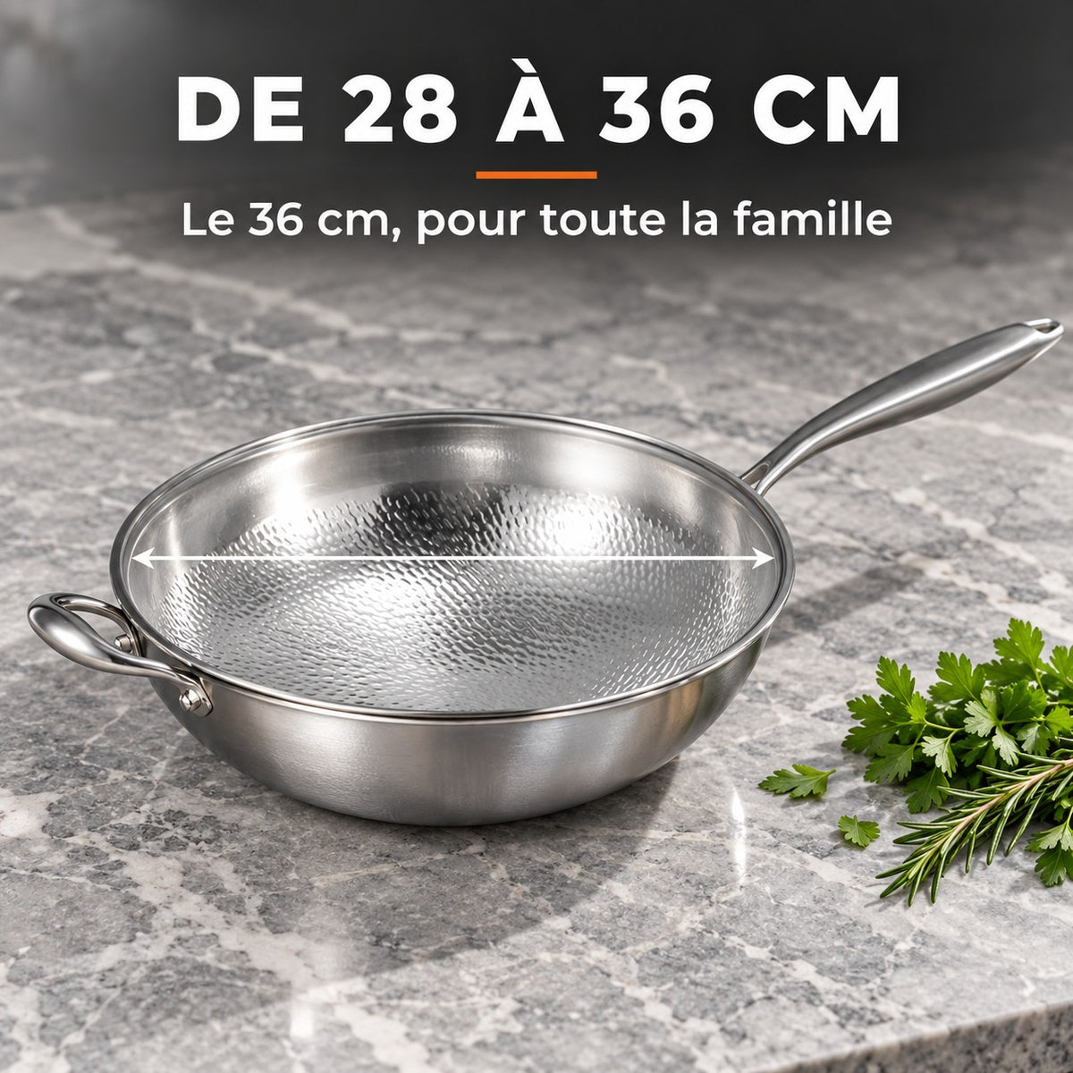 Wok inox martelé, DE 28 À 36 CM : Le 36 cm, pour toute la famille Image