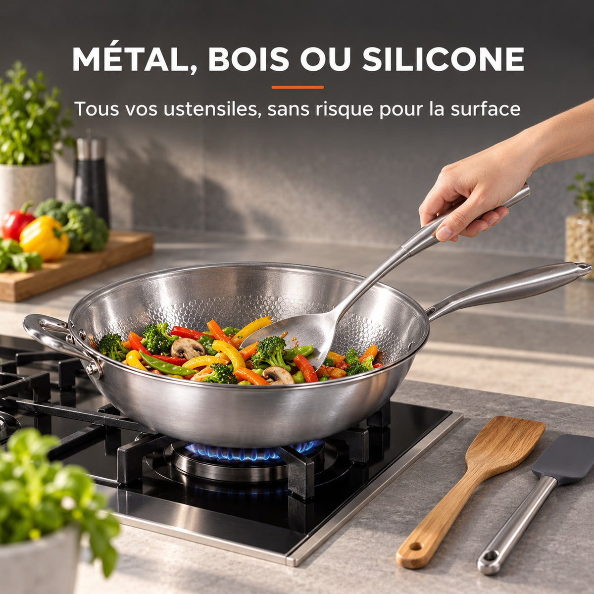 Wok inox martelé, MÉTAL, BOIS OU SILICONE : Tous vos ustensiles, sans risque pour la surface